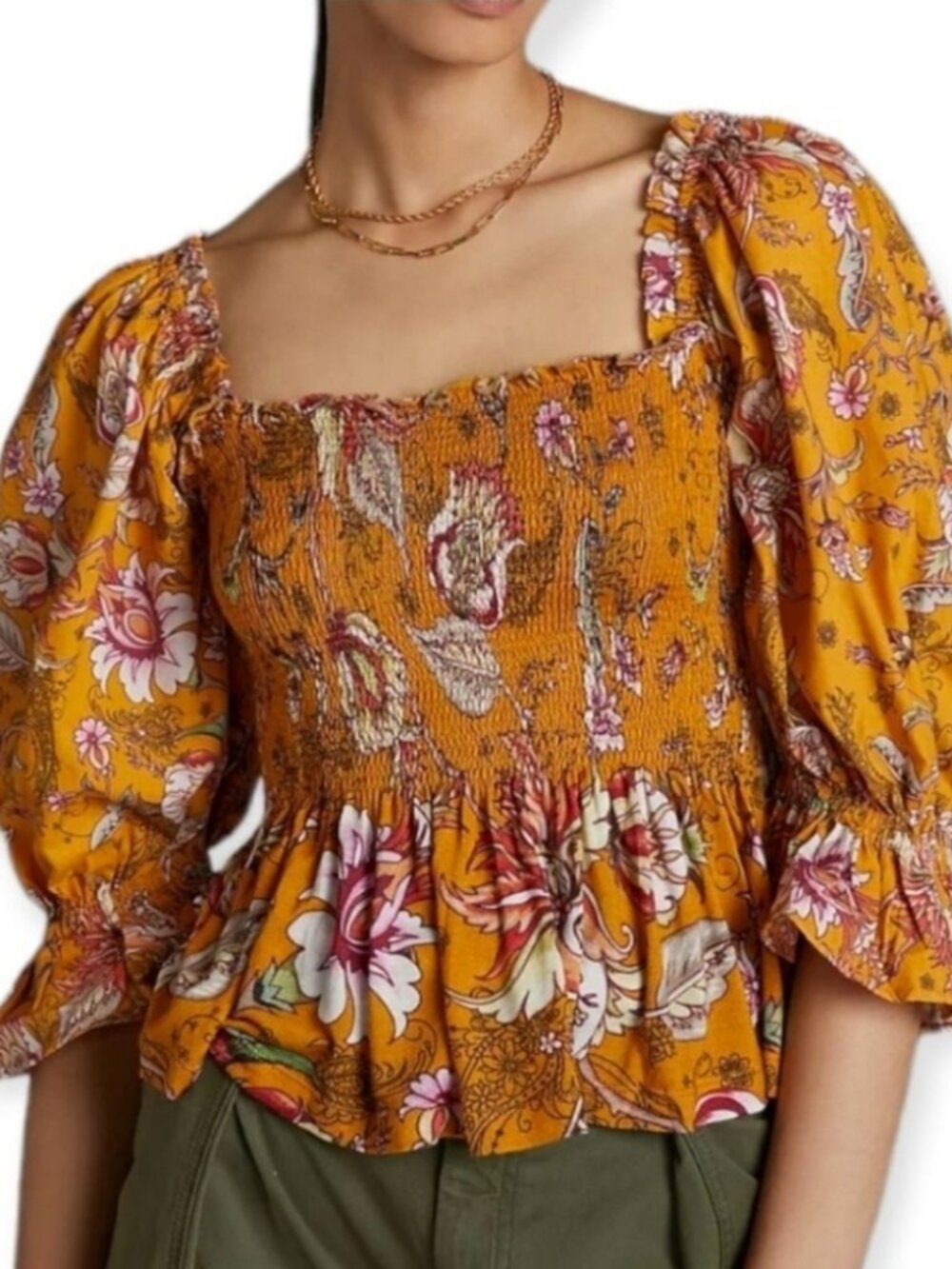 Anthropologie Floral Smocked Sweetheart Blouse 3X Puff Sleeve Cottagecore Top